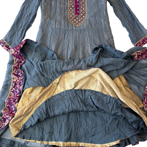 Vintage Indian Anarkali Long Tunic Dress Gray Magenta Beaded Embroidered Size 38 - Picture 11 of 16